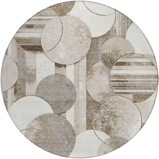 8' Tan And Brown Round Geometric Washable Indoor Outdoor Area Rug Photo 2