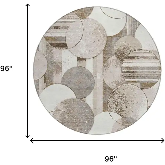 8' Tan And Brown Round Geometric Washable Indoor Outdoor Area Rug Photo 5