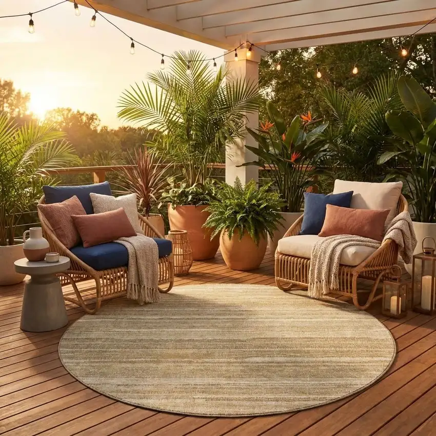 8' Tan And Brown Round Striped Washable Indoor Outdoor Area Rug Photo 1