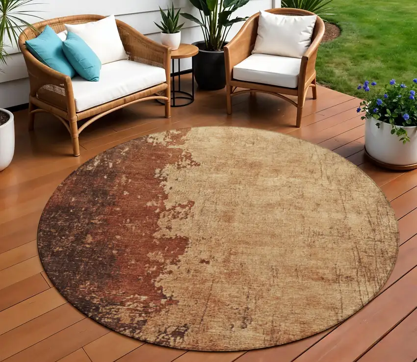 8' Tan And Copper Round Abstract Washable Indoor Outdoor Area Rug Photo 2