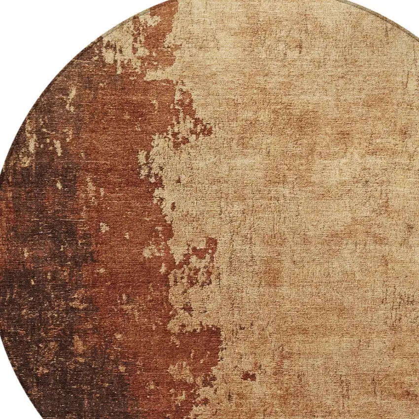8' Tan And Copper Round Abstract Washable Indoor Outdoor Area Rug Photo 7