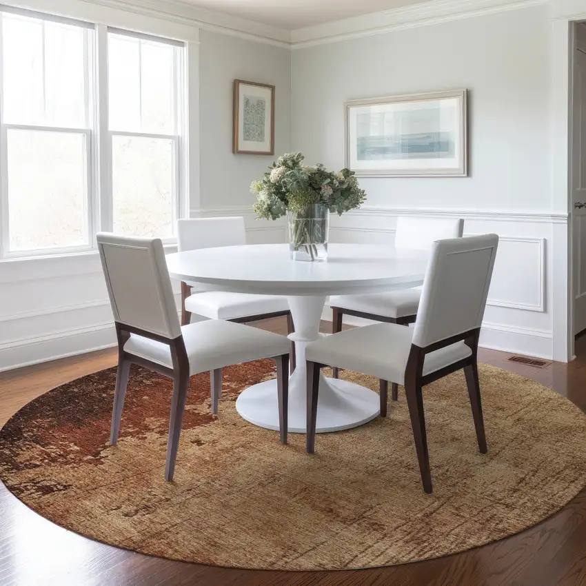 8' Tan And Copper Round Abstract Washable Indoor Outdoor Area Rug Photo 5