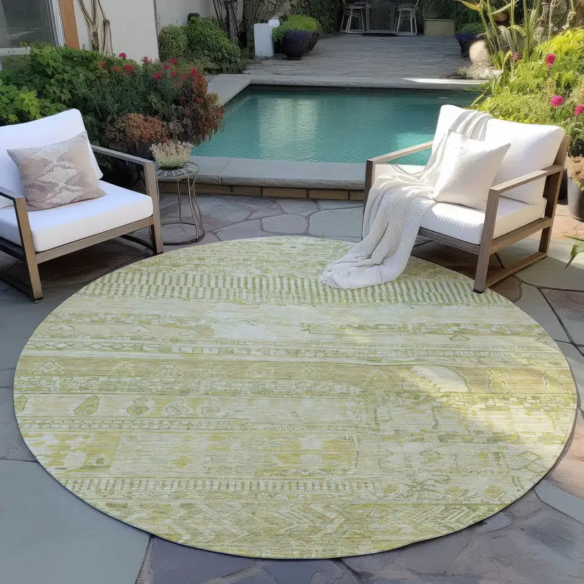 8' Tan And Gold Round Striped Washable Indoor Outdoor Area Rug Photo 6
