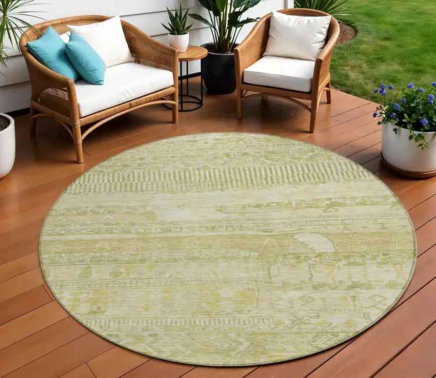 8' Tan And Gold Round Striped Washable Indoor Outdoor Area Rug Photo 2