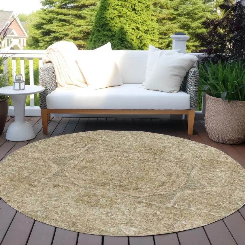 8' Tan And Gray Round Medallion Washable Indoor Outdoor Area Rug Photo 6