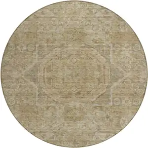 Photo of 8' Tan And Gray Round Medallion Washable Indoor Outdoor Area Rug