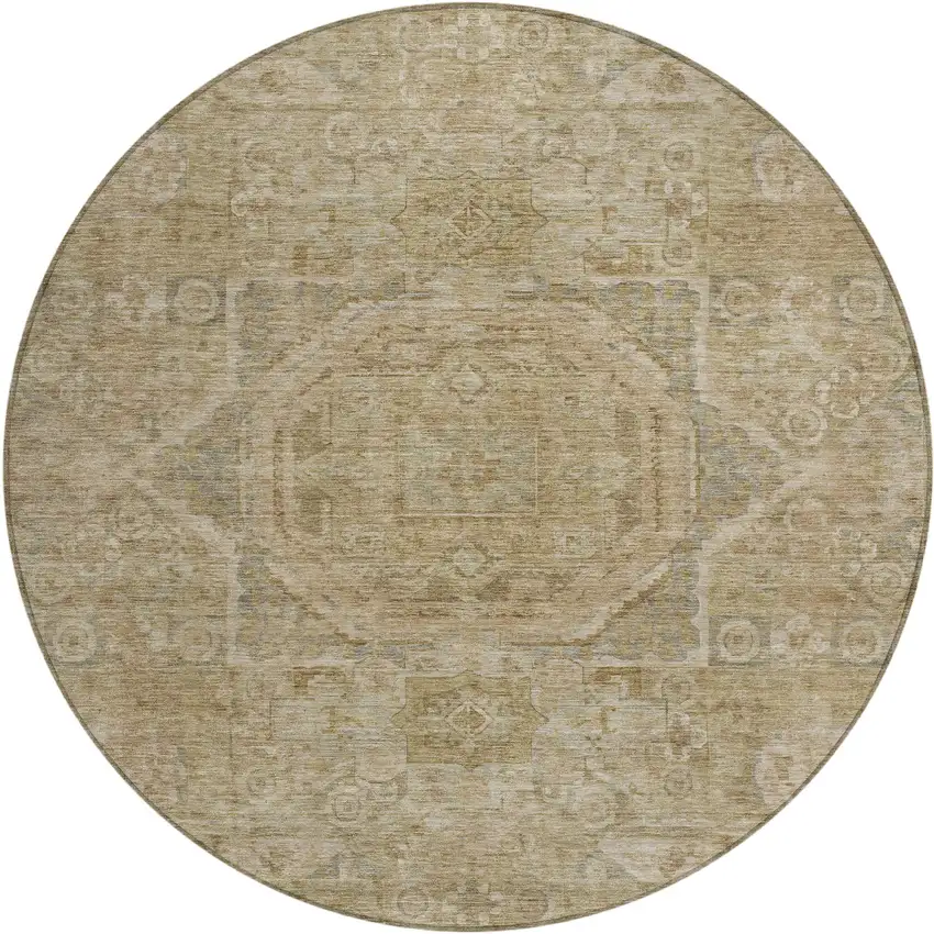 8' Tan And Gray Round Medallion Washable Indoor Outdoor Area Rug Photo 1