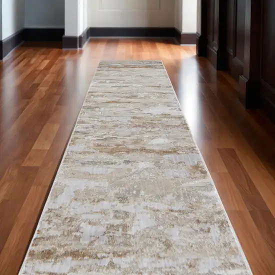 12' Ivory Gray And Tan Abstract Distressed Runner Rug Photo 1