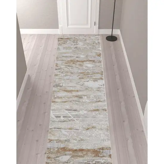 12' Tan And Ivory Abstract Power Loom Distressed Runner Rug Photo 2