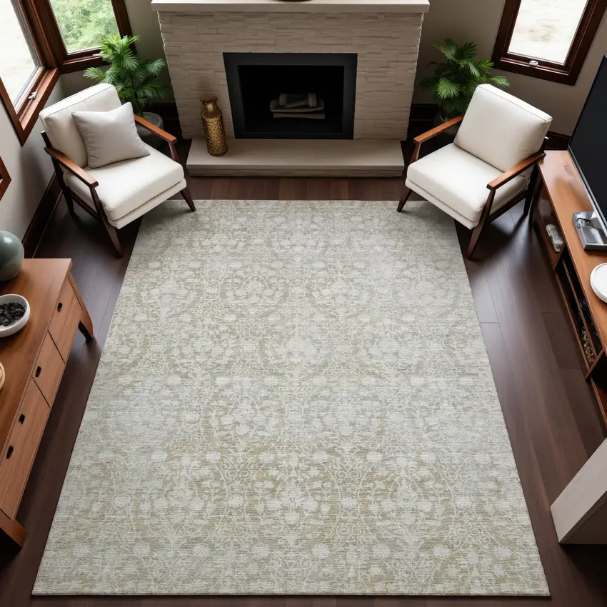 8' Tan And Ivory Damask Washable Area Rug With UV Protection Photo 5