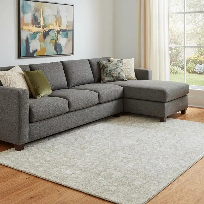 8' Tan And Ivory Damask Washable Area Rug With UV Protection Photo 2