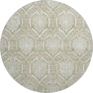 Photo of 8' Tan And Ivory Medallion Washable Round Rug With UV Protection