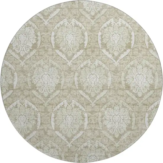 8' Tan And Ivory Medallion Washable Round Rug With UV Protection Photo 1