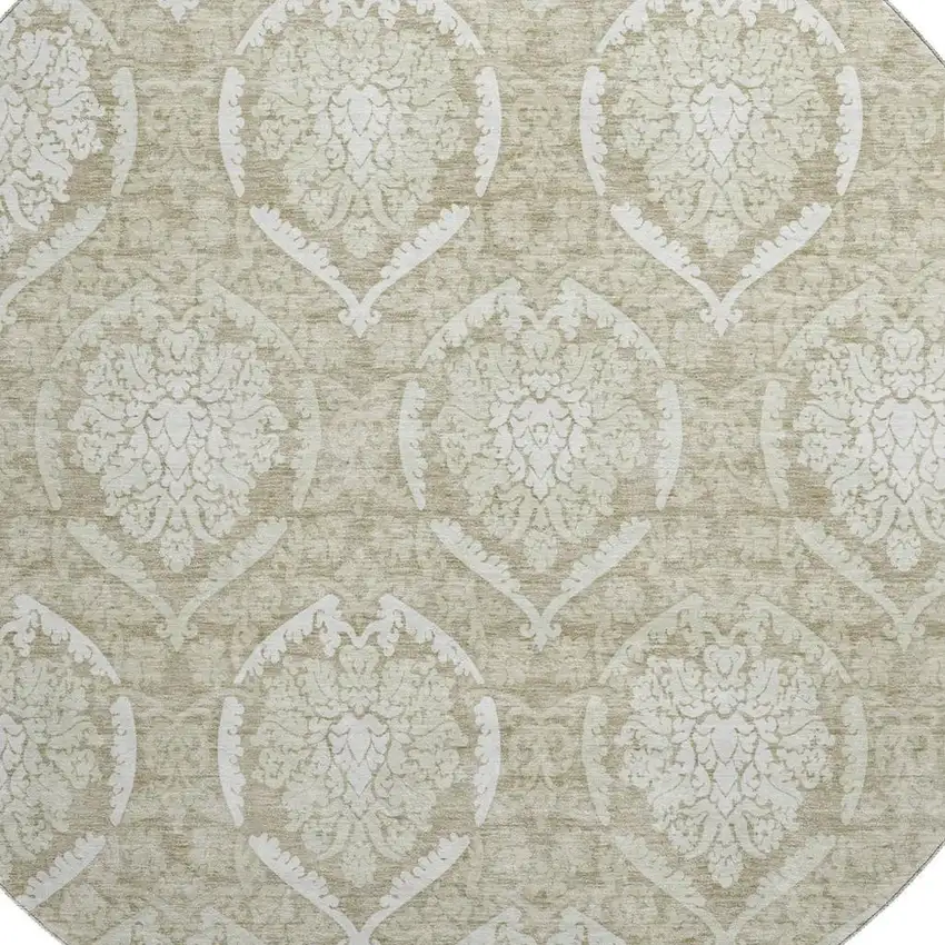 8' Tan And Ivory Medallion Washable Round Rug With UV Protection Photo 3
