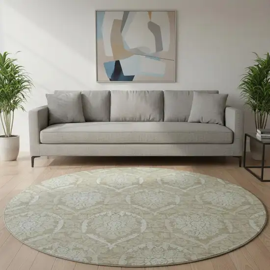8' Tan And Ivory Medallion Washable Round Rug With UV Protection Photo 2