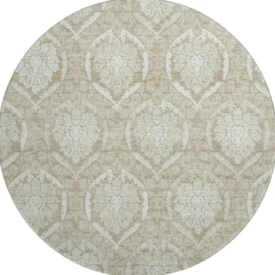8' Tan And Ivory Medallion Washable Round Rug With UV Protection Photo 4