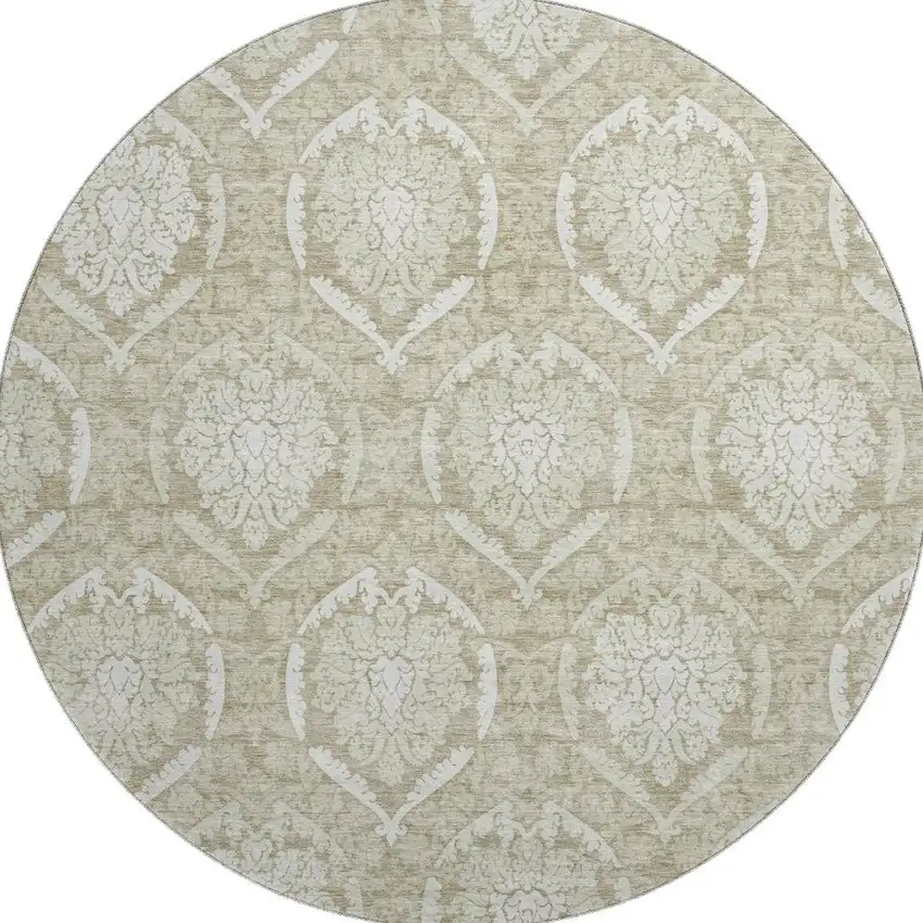 8' Tan And Ivory Medallion Washable Round Rug With UV Protection Photo 4
