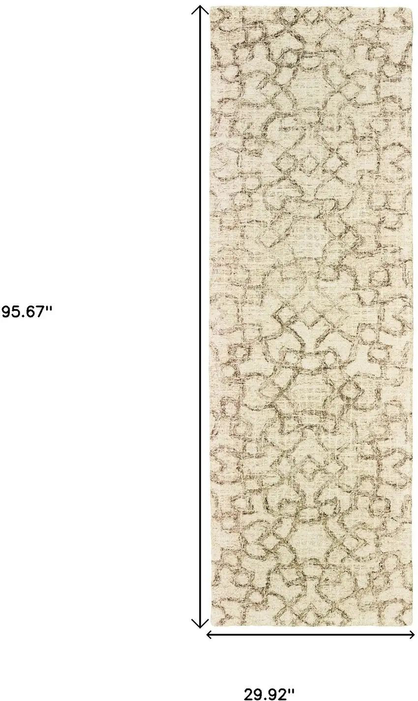 8' Tan And Ivory Wool Geometric Hand Tufted Runner Rug Photo 3
