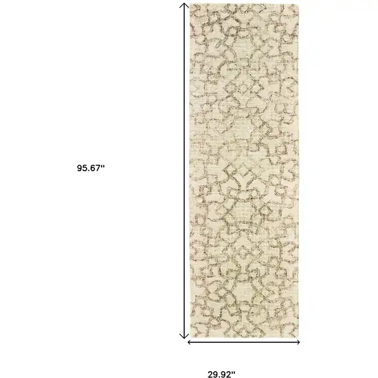 8' Tan And Ivory Wool Geometric Hand Tufted Runner Rug Photo 3