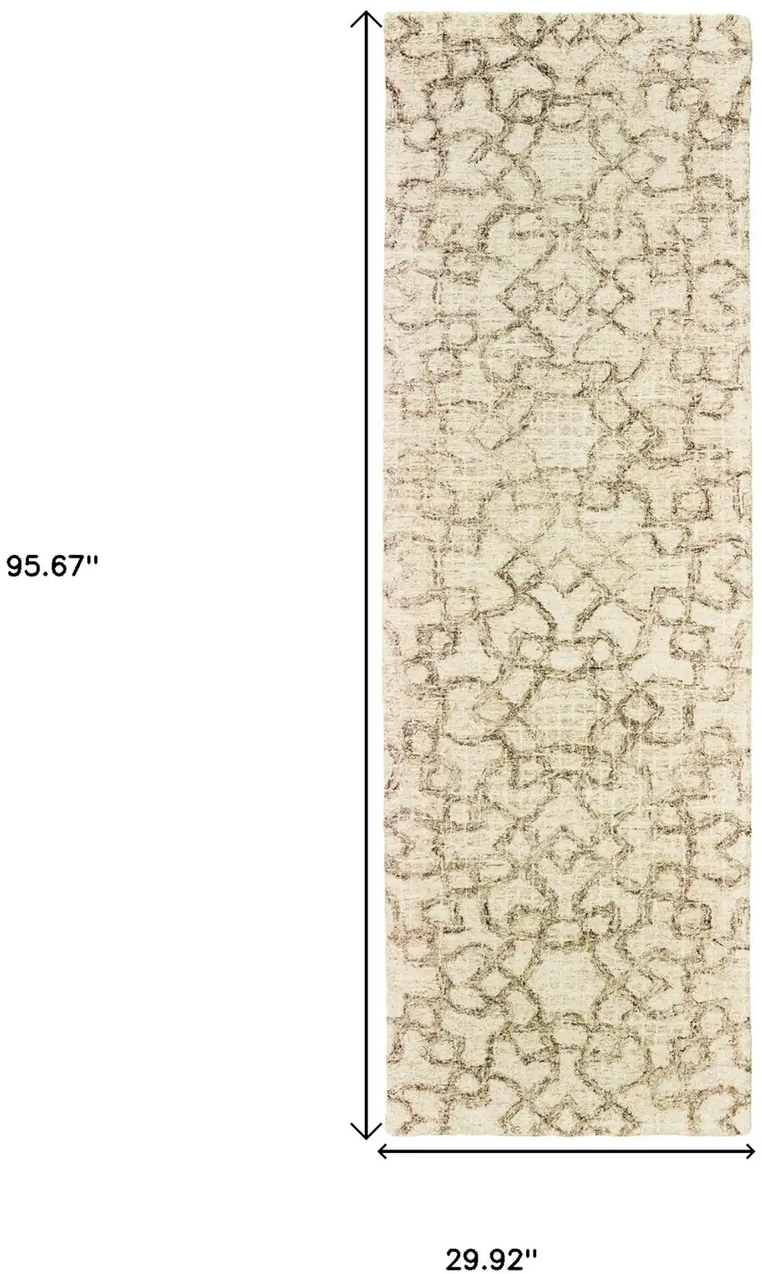 8' Tan And Ivory Wool Geometric Hand Tufted Runner Rug Photo 3