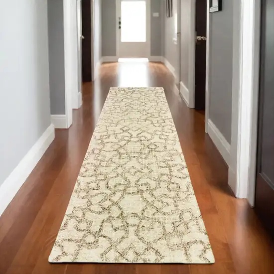 8' Tan And Ivory Wool Geometric Hand Tufted Runner Rug Photo 1