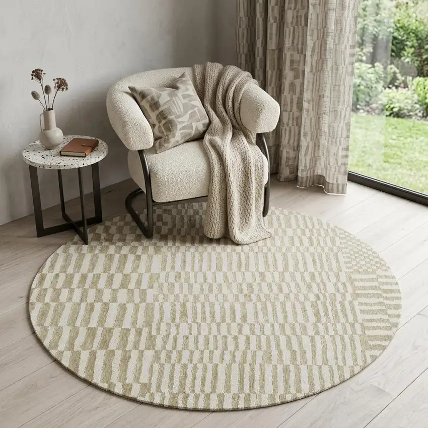 5' Tan And White Abstract Washable Round Rug With UV Protection Photo 1