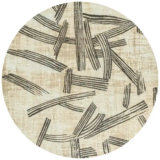 8' Tan And White Abstract Washable Round Rug With UV Protection Photo 4