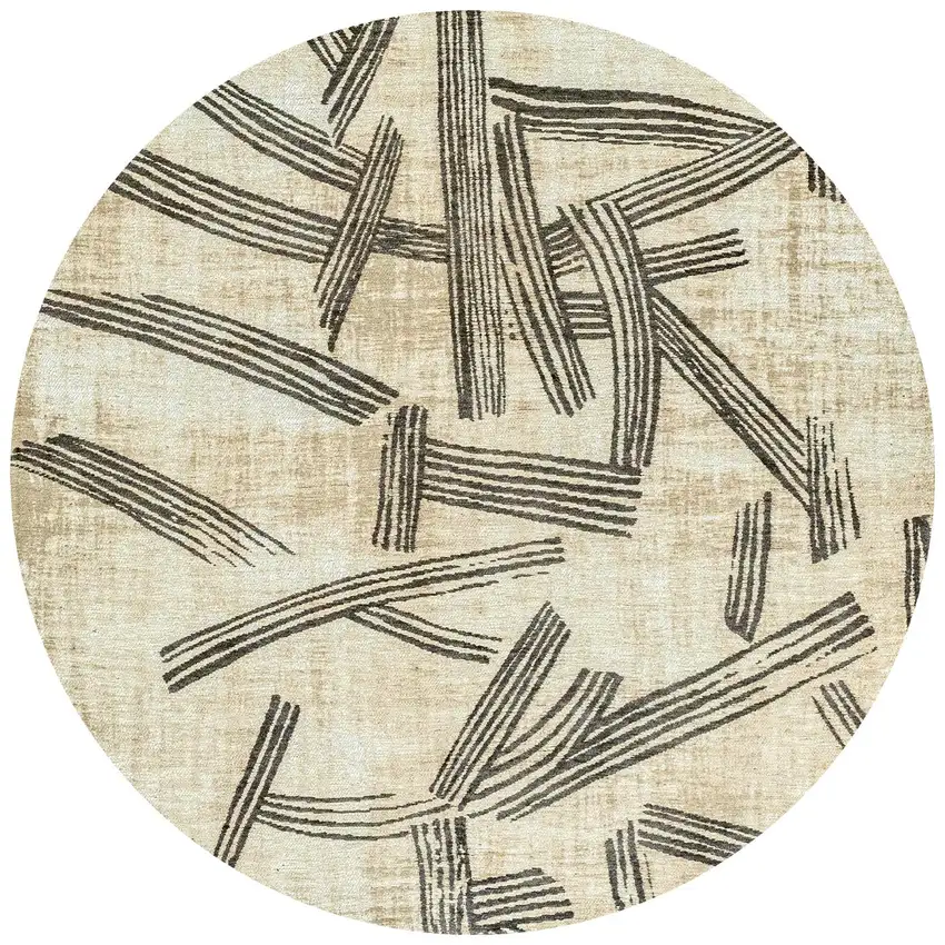 8' Tan And White Abstract Washable Round Rug With UV Protection Photo 4