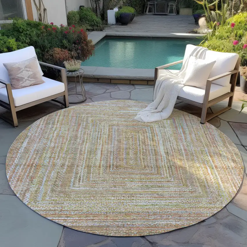 8' Tan Beige And Gold Round Geometric Washable Indoor Outdoor Area Rug Photo 5