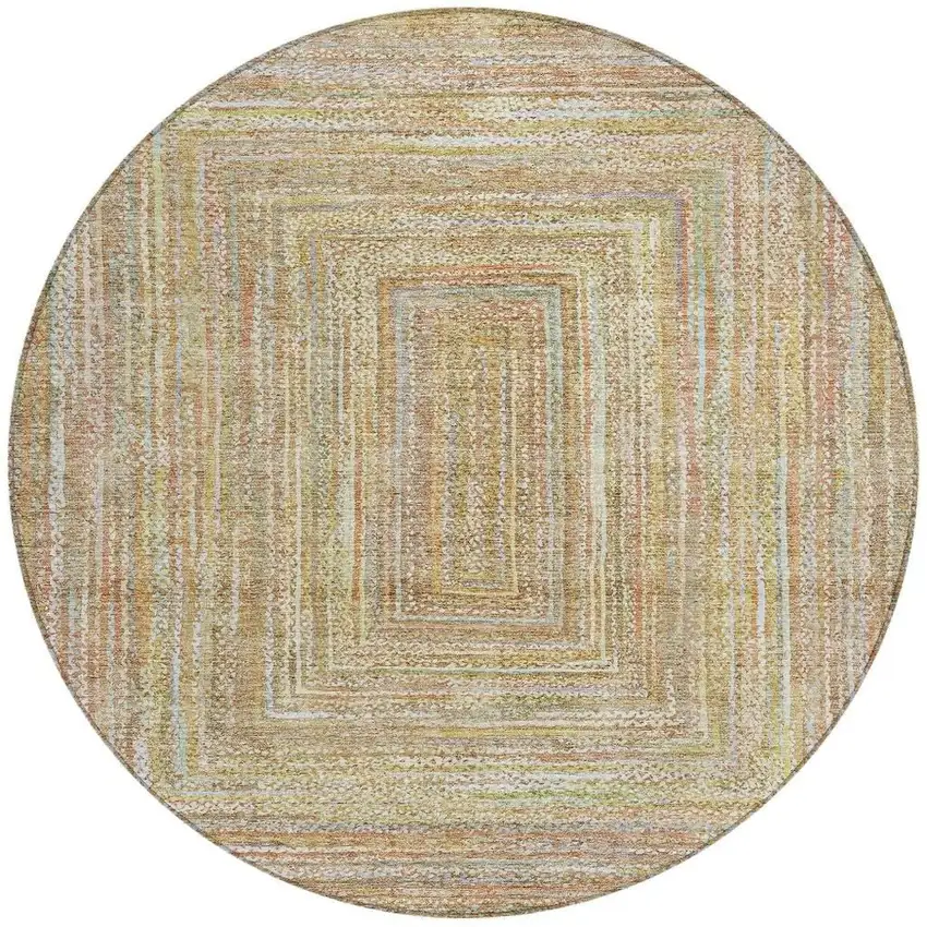 8' Tan Beige And Gold Round Geometric Washable Indoor Outdoor Area Rug Photo 4