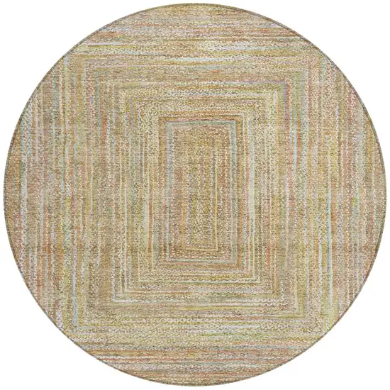 8' Tan Beige And Gold Round Geometric Washable Indoor Outdoor Area Rug Photo 3