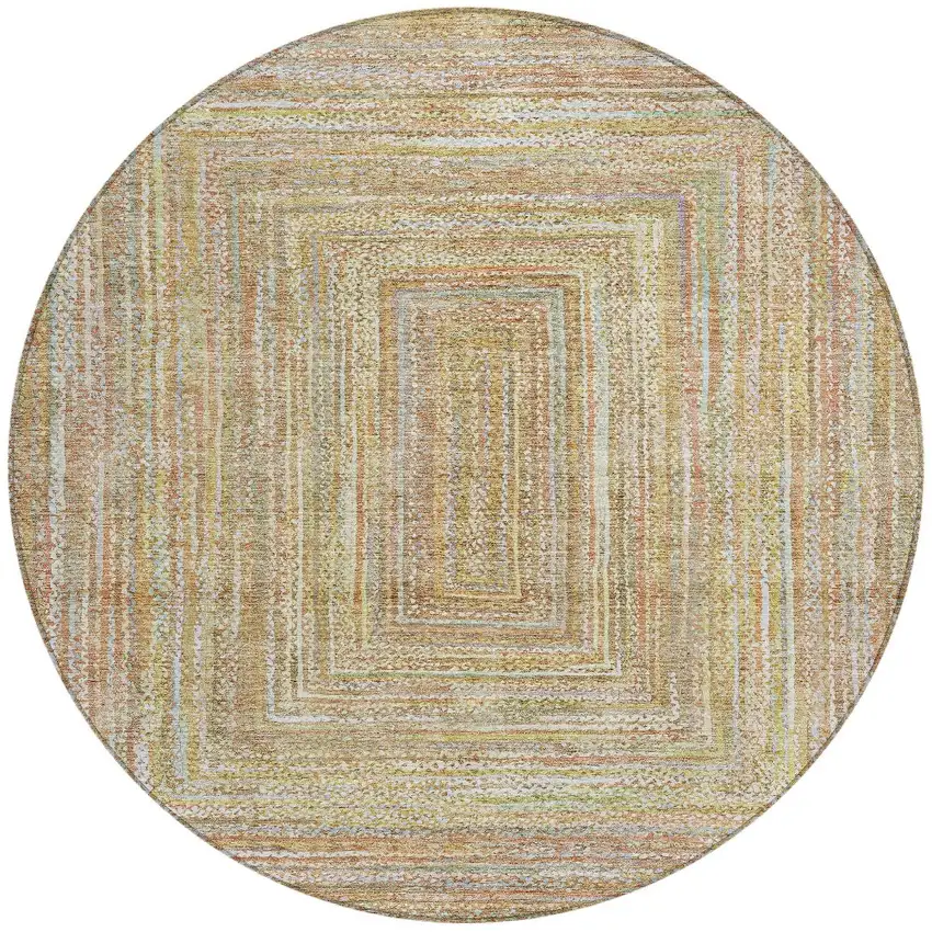 8' Tan Beige And Gold Round Geometric Washable Indoor Outdoor Area Rug Photo 3