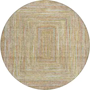 Photo of 8' Tan Beige And Gold Round Geometric Washable Indoor Outdoor Area Rug