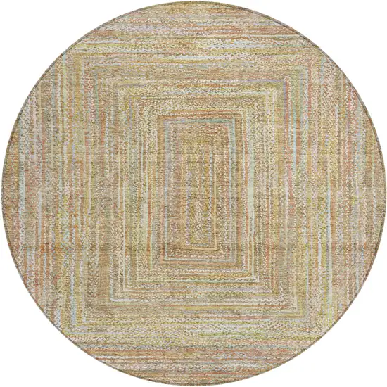 8' Tan Beige And Gold Round Geometric Washable Indoor Outdoor Area Rug Photo 1