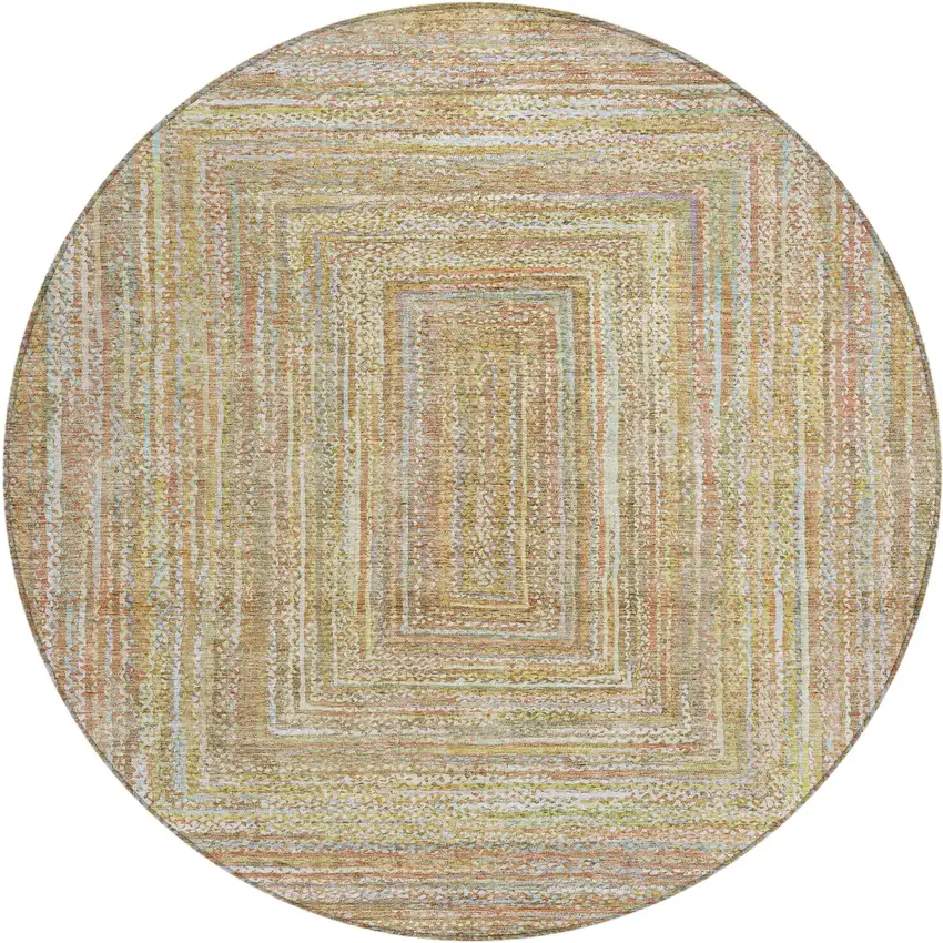 8' Tan Beige And Gold Round Geometric Washable Indoor Outdoor Area Rug Photo 1