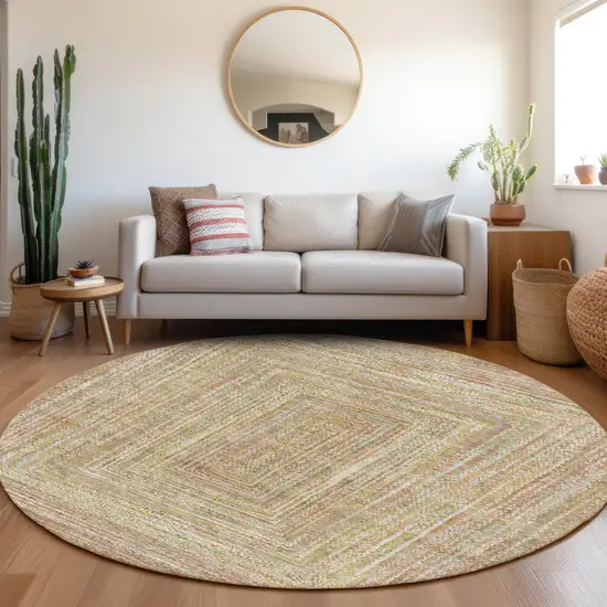 8' Tan Beige And Gold Round Geometric Washable Indoor Outdoor Area Rug Photo 6
