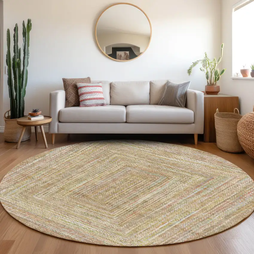 8' Tan Beige And Gold Round Geometric Washable Indoor Outdoor Area Rug Photo 6