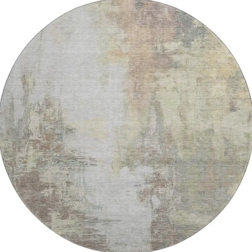 8' Tan Beige And Gray Abstract Washable Round Rug With UV Protection Photo 4