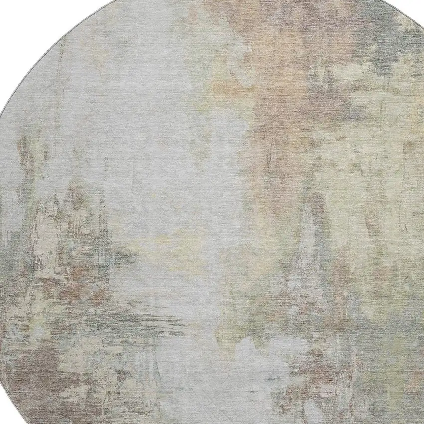 8' Tan Beige And Gray Abstract Washable Round Rug With UV Protection Photo 3