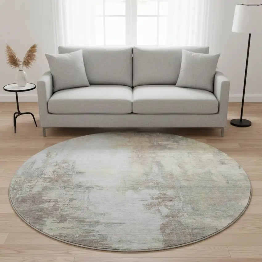 8' Tan Beige And Gray Abstract Washable Round Rug With UV Protection Photo 2