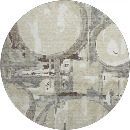 8' Tan Beige And Gray Geometric Washable Round Rug With UV Protection Photo 1
