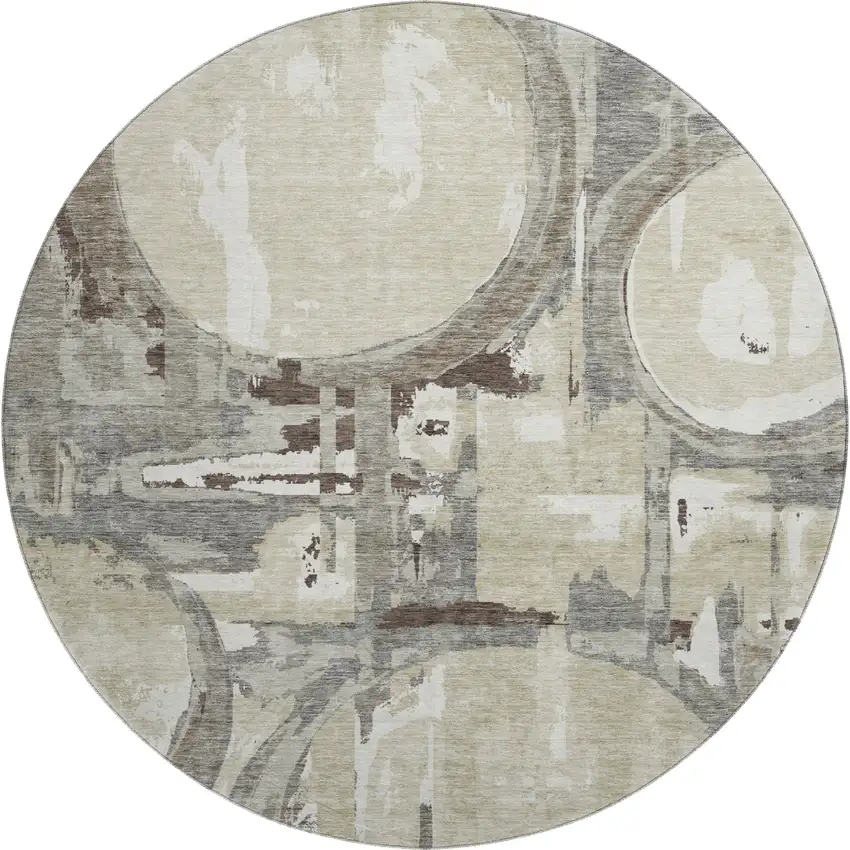 8' Tan Beige And Gray Geometric Washable Round Rug With UV Protection Photo 1