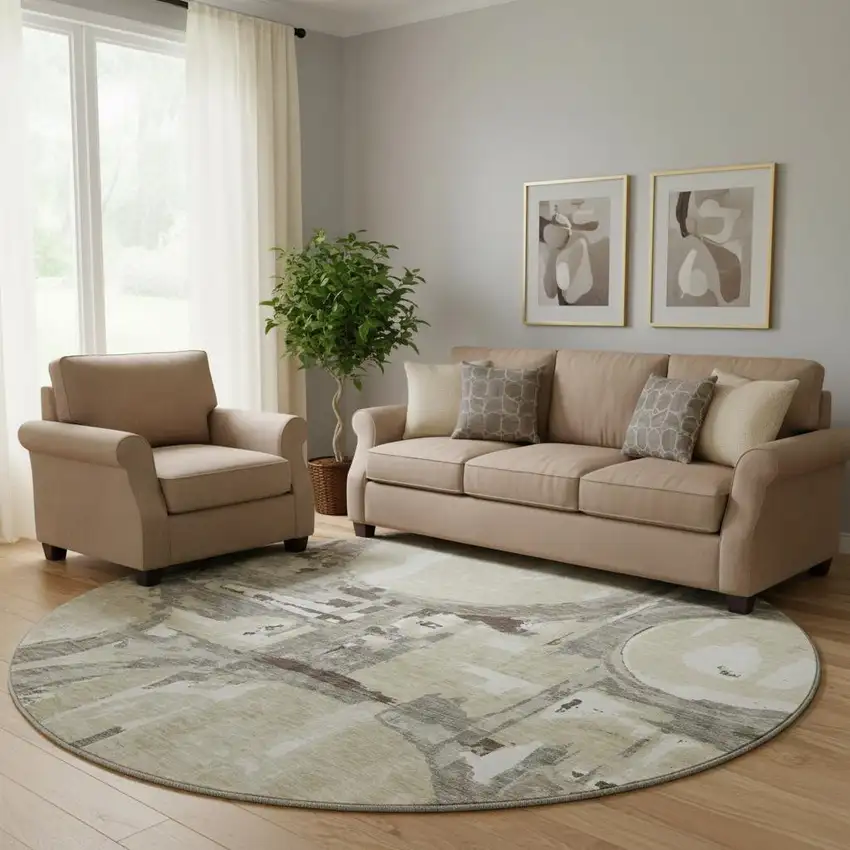 8' Tan Beige And Gray Geometric Washable Round Rug With UV Protection Photo 1