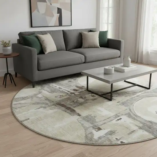 8' Tan Beige And Gray Geometric Washable Round Rug With UV Protection Photo 2