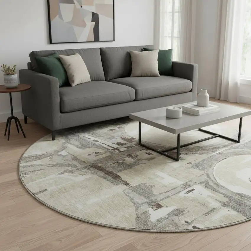 8' Tan Beige And Gray Geometric Washable Round Rug With UV Protection Photo 2