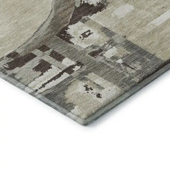 8' Tan Beige And Gray Geometric Washable Round Rug With UV Protection Photo 7