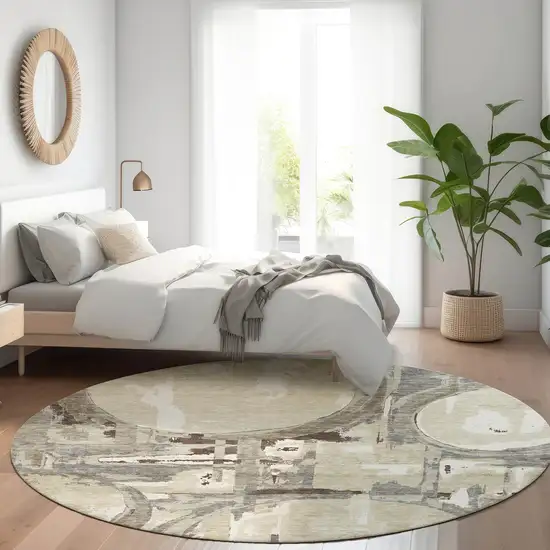 8' Tan Beige And Gray Geometric Washable Round Rug With UV Protection Photo 5