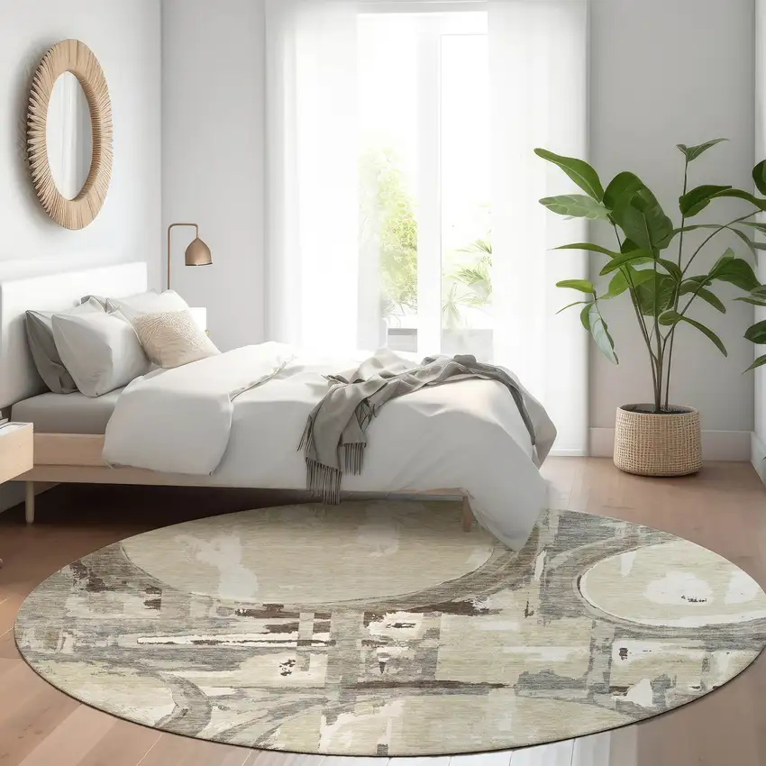 8' Tan Beige And Gray Geometric Washable Round Rug With UV Protection Photo 5