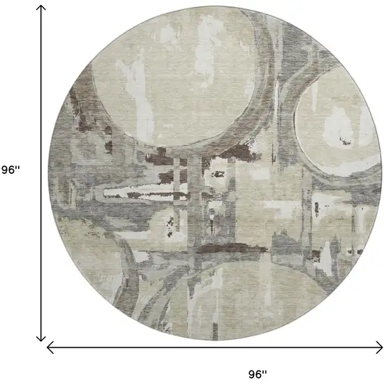 8' Tan Beige And Gray Geometric Washable Round Rug With UV Protection Photo 8