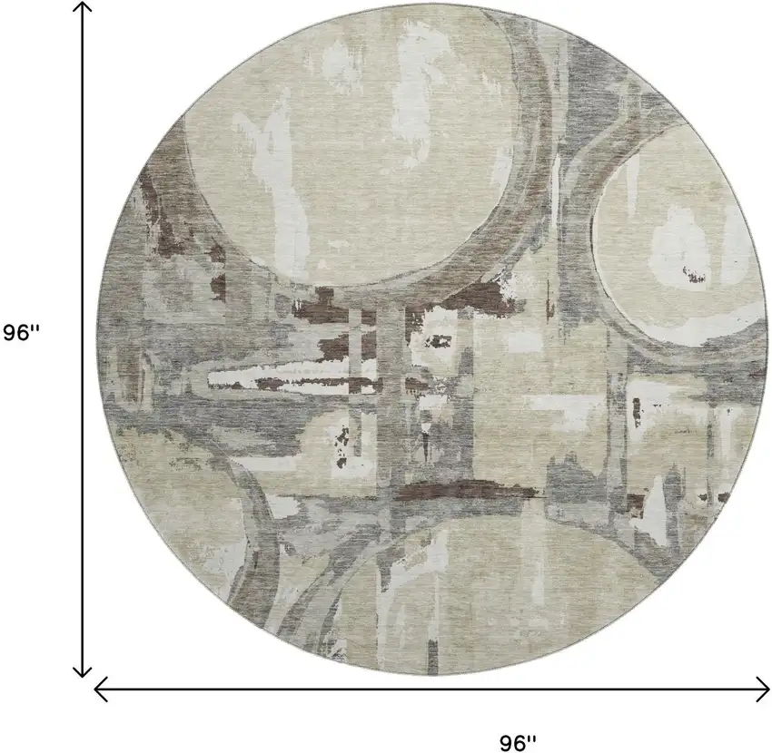 8' Tan Beige And Gray Geometric Washable Round Rug With UV Protection Photo 8